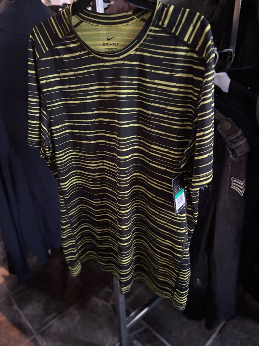 Athletic Nike Men’s Black and Yellow Striped Dri-FIT Short Sleeve Tee